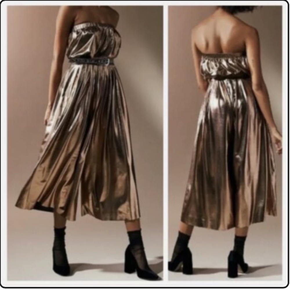 Urban Outfitters Metallic Bronze Copper Wide Leg Strapless Jumpsuit